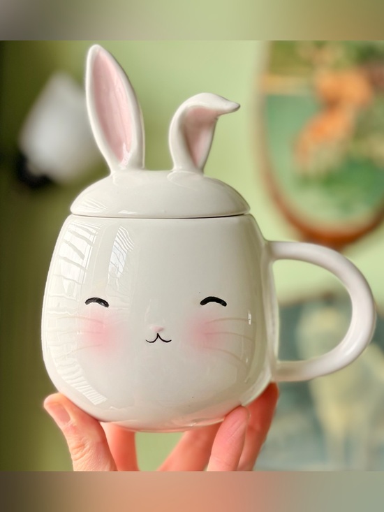 Other - Cute Cottagecore Bunny Ceramic Mug with Lid - White and Pink